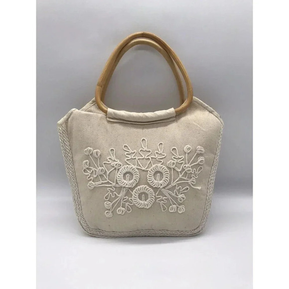 Unbranded Handbags - Handmade Canvas Clutch Purse‎ Embroidered Bamboo Handles Tote Bag Boho Cottage